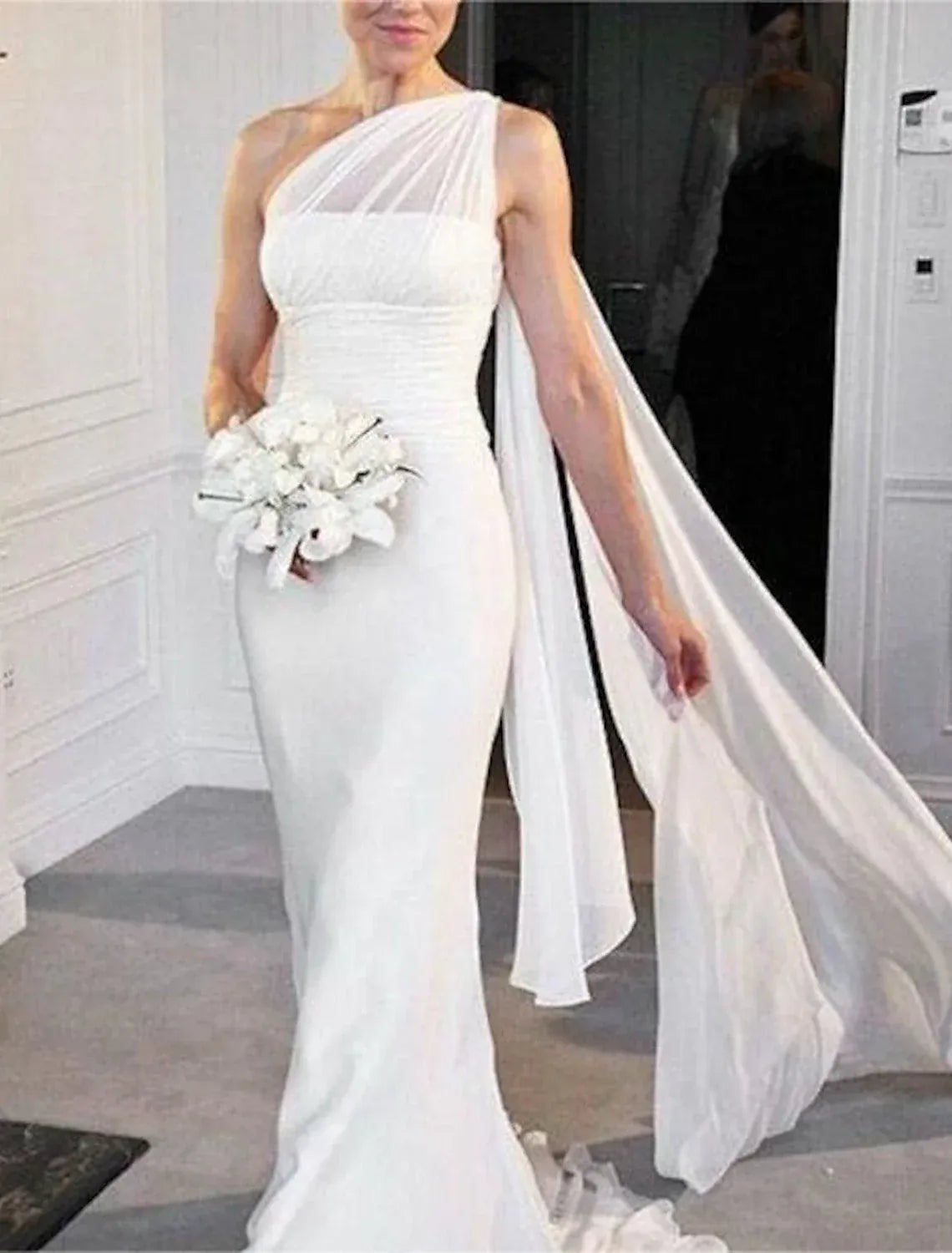 Mermaid One-Shoulder Button Back Floor-Length Wedding Dress - Yihuiw by Yihuiw