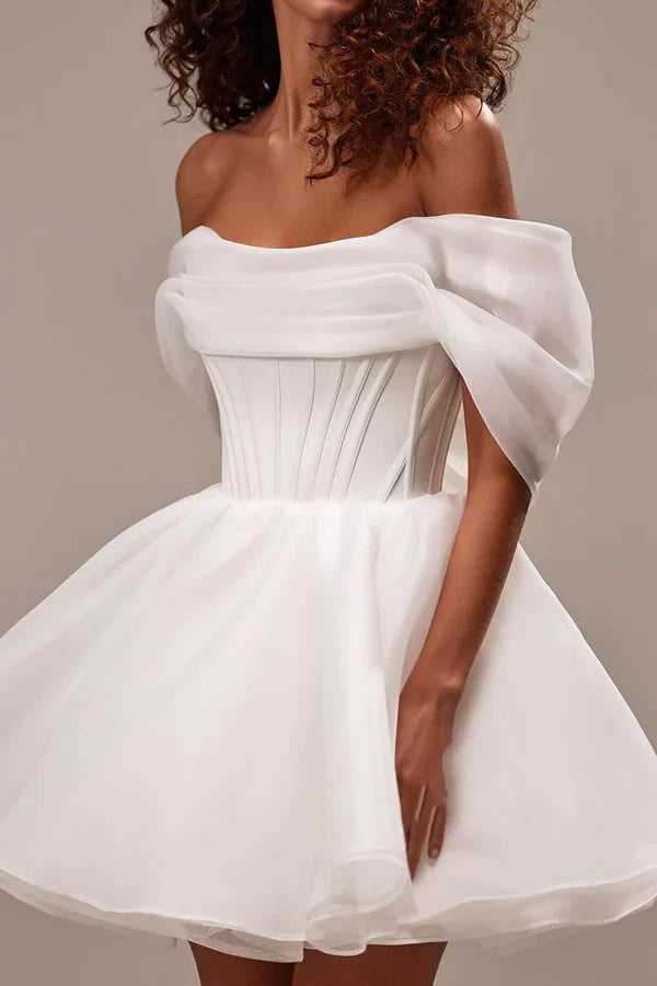 Off-Shoulder Lace Mini Wedding Dress - Yihuiw by Yihuiw
