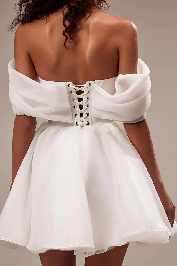Off-Shoulder Lace Mini Wedding Dress - Yihuiw by Yihuiw