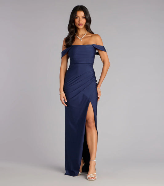 Navy Satin High Slit Floor-Length Wedding Dress - Yihuiw by Yihuiw