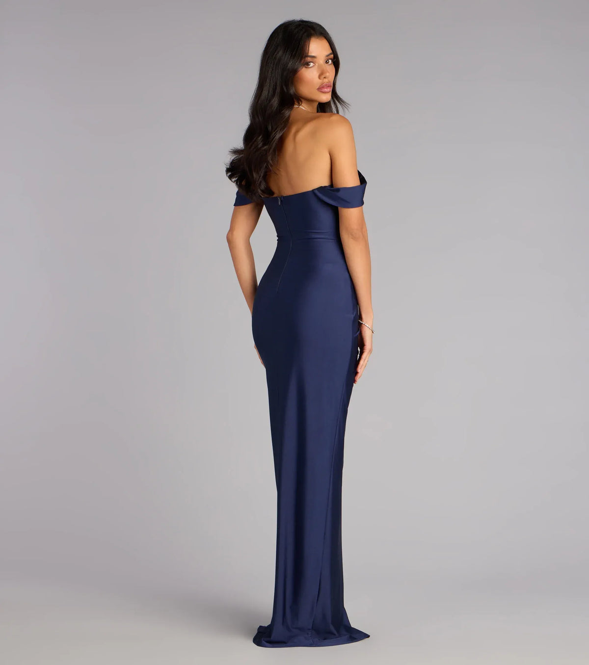 Navy Satin High Slit Floor-Length Wedding Dress - Yihuiw by Yihuiw