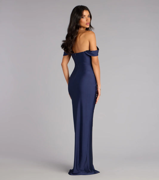 Navy Satin High Slit Floor-Length Wedding Dress - Yihuiw by Yihuiw