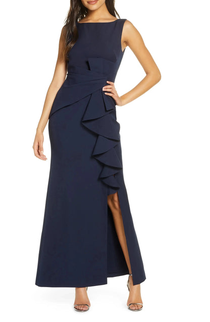 Chic Ruffled Mermaid Boat Neck Sleeveless V Back Floor Length For Sale Prom Dress by YiHuiw