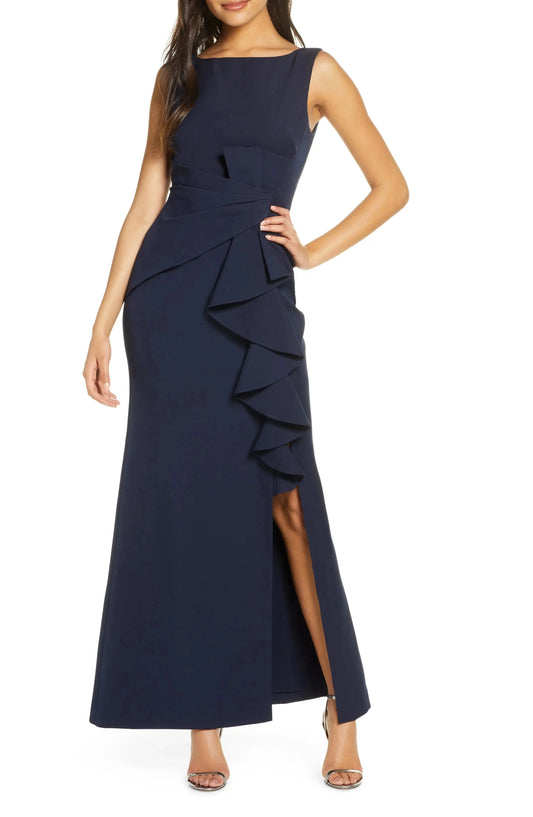Chic Ruffled Mermaid Boat Neck Sleeveless V Back Floor Length For Sale Prom Dress by YiHuiw