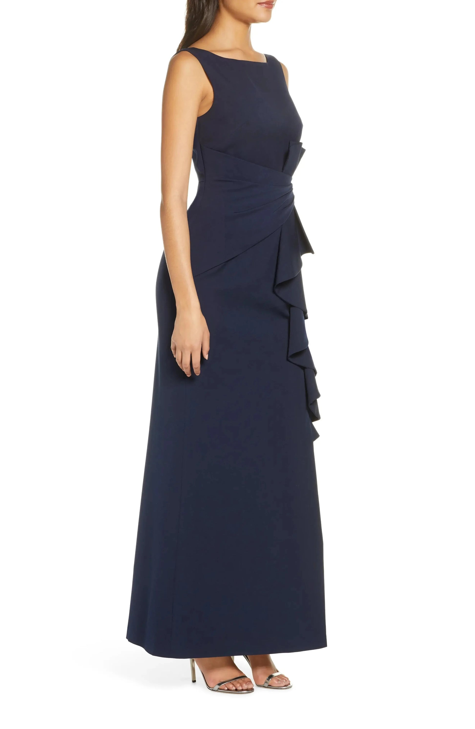 Chic Ruffled Mermaid Boat Neck Sleeveless V Back Floor Length For Sale Prom Dress by YiHuiw