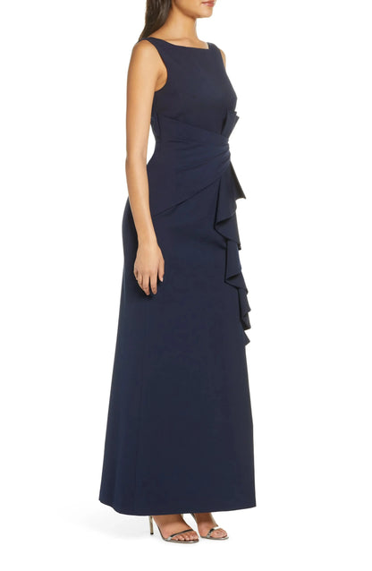 Chic Ruffled Mermaid Boat Neck Sleeveless V Back Floor Length For Sale Prom Dress by YiHuiw