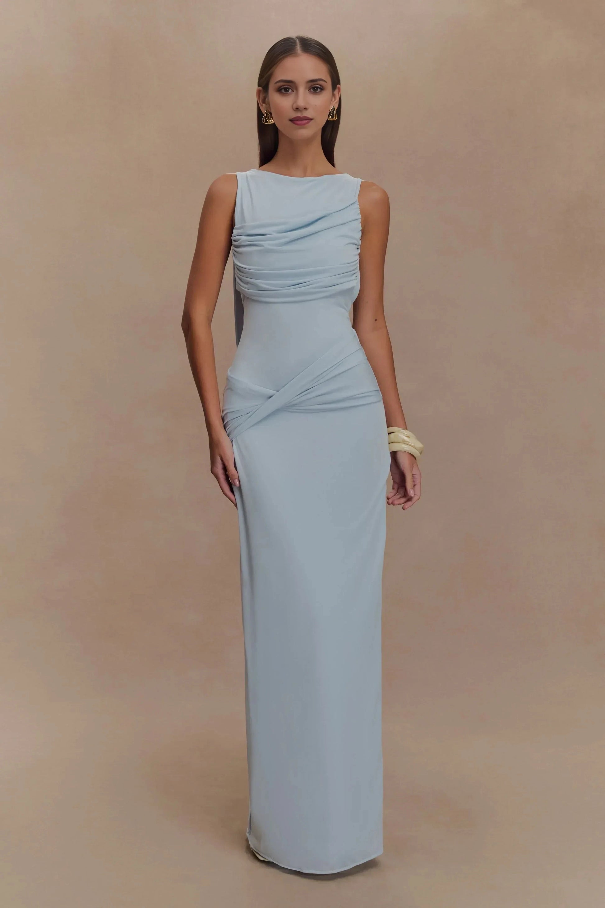 Chic Sheath Boat Neck Sleeveless Cutout Draped Back Floor Length Prom Dress by YiHuiw