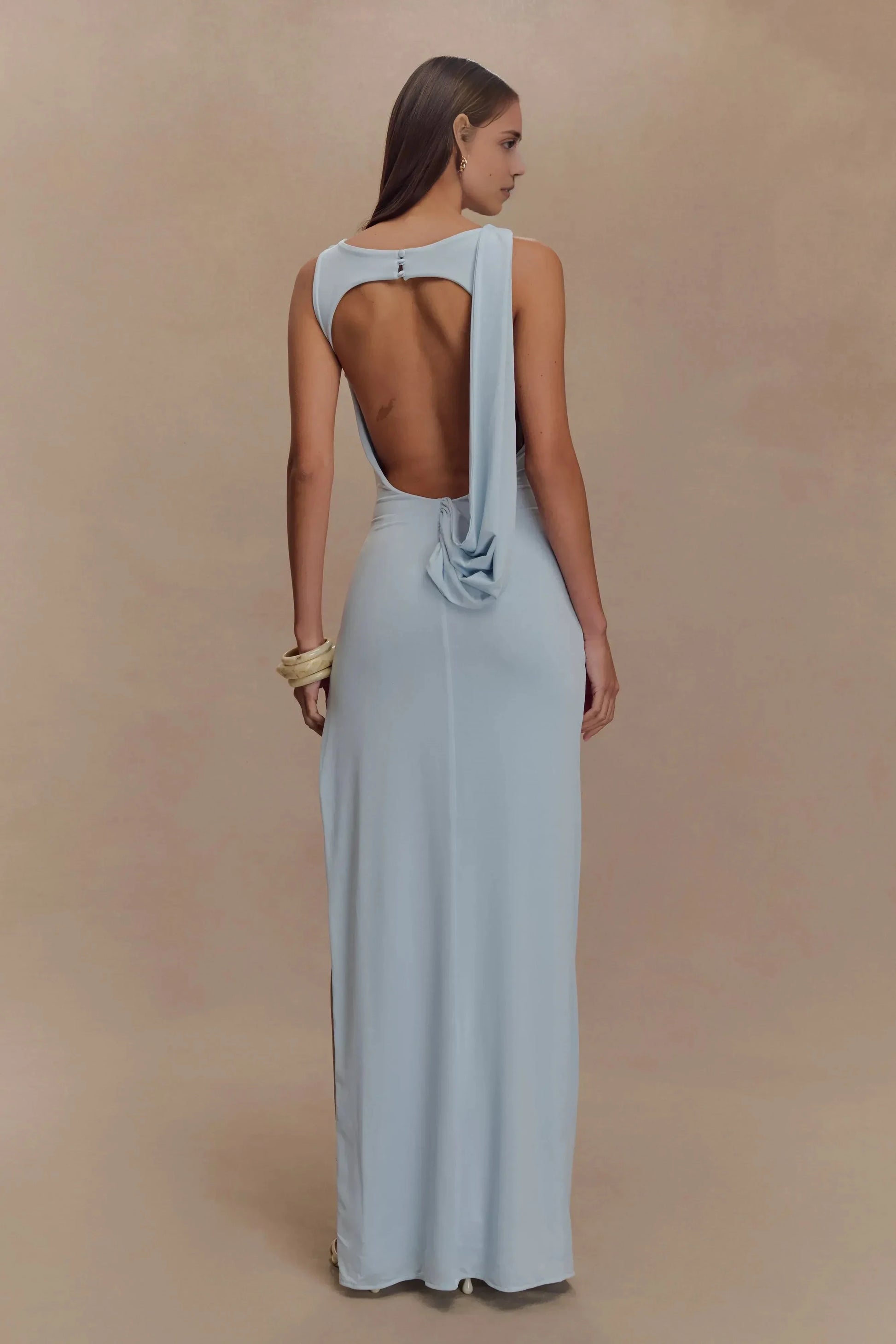 Chic Sheath Boat Neck Sleeveless Cutout Draped Back Floor Length Prom Dress by YiHuiw