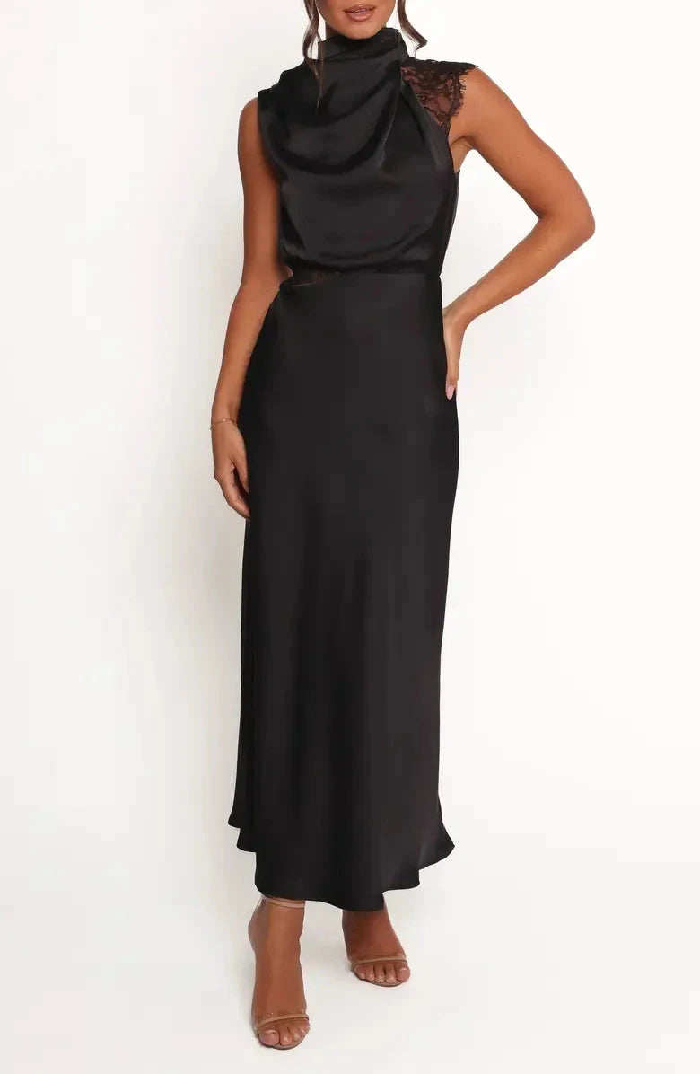 Chic Sheath Cowl Neck Sleeveless Lace Accent Zip Back Midi For Sale Evening Dress by YiHuiw