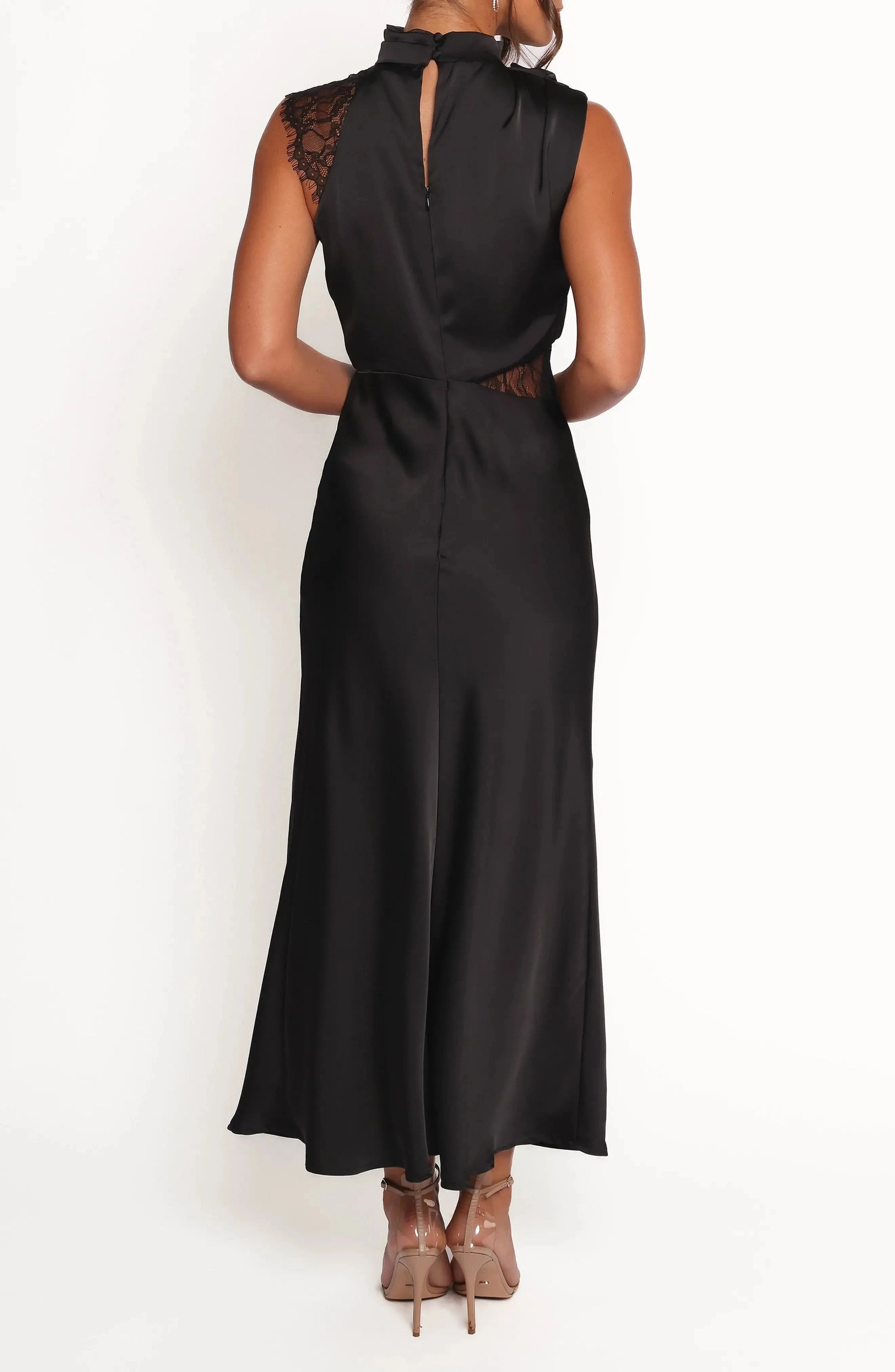 Chic Sheath Cowl Neck Sleeveless Lace Accent Zip Back Midi For Sale Evening Dress by YiHuiw