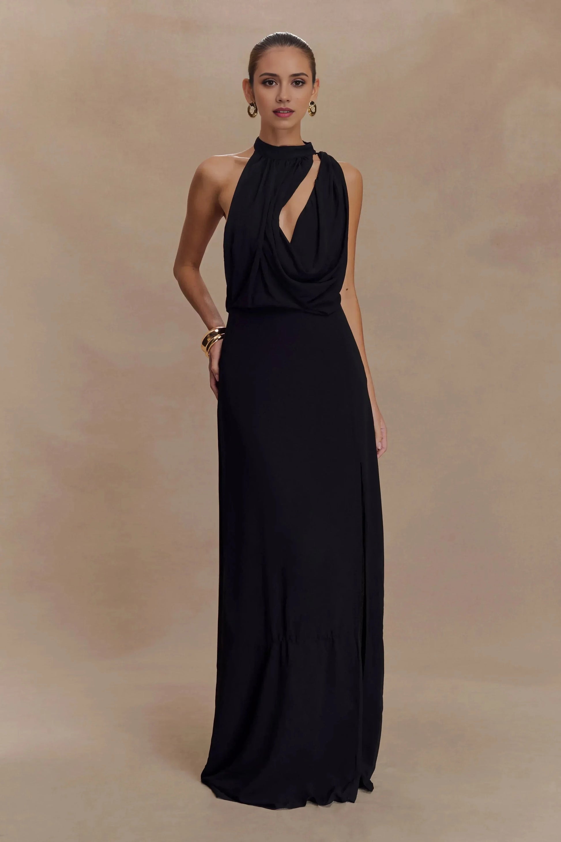 Chic Sheath Halter Neck Sleeveless Draped Open Back Floor Length Prom Dress by YiHuiw