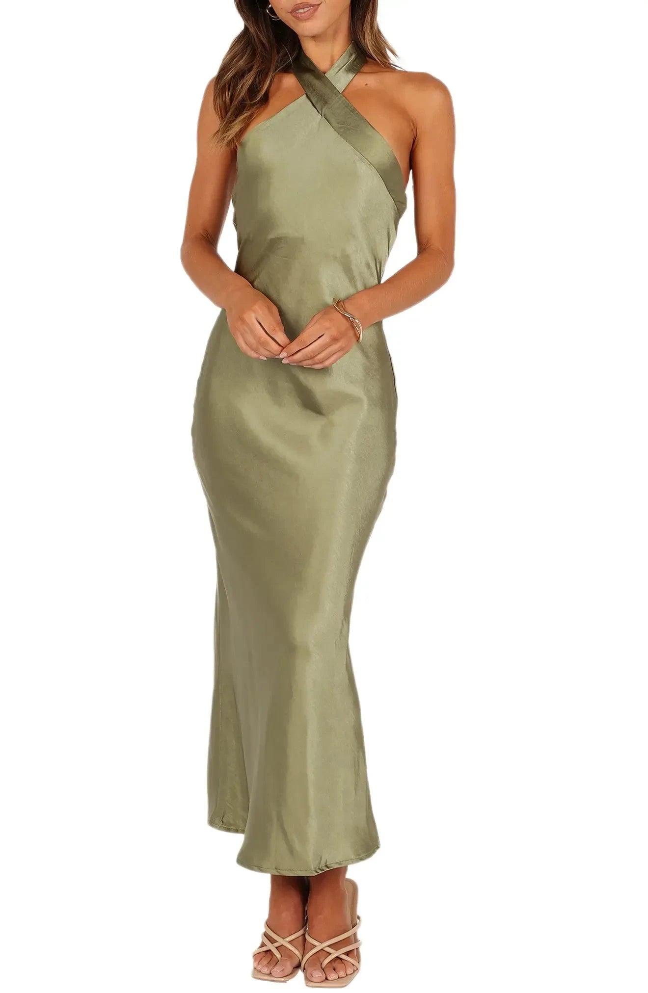 Chic Sheath Halter Neck Sleeveless Tie Back Midi For Ladies Evening Dress by YiHuiw