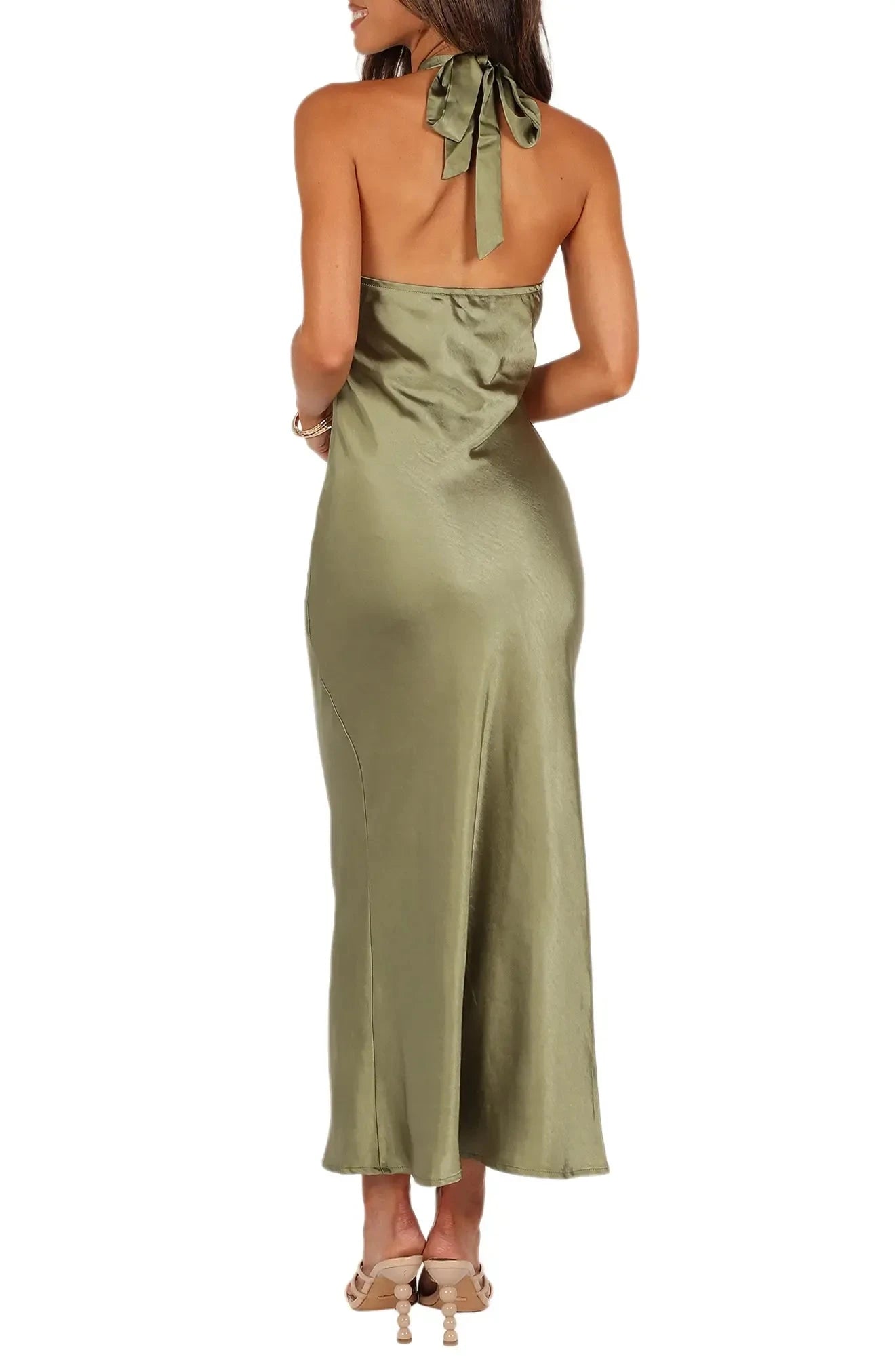 Chic Sheath Halter Neck Sleeveless Tie Back Midi For Ladies Evening Dress by YiHuiw