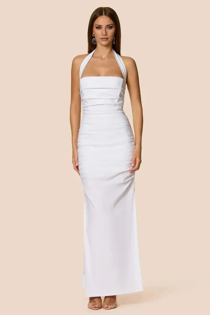 Chic Sheath Halter Square Neck Sleeveless Open Back Floor Length For Sale Prom Dress by YiHuiw