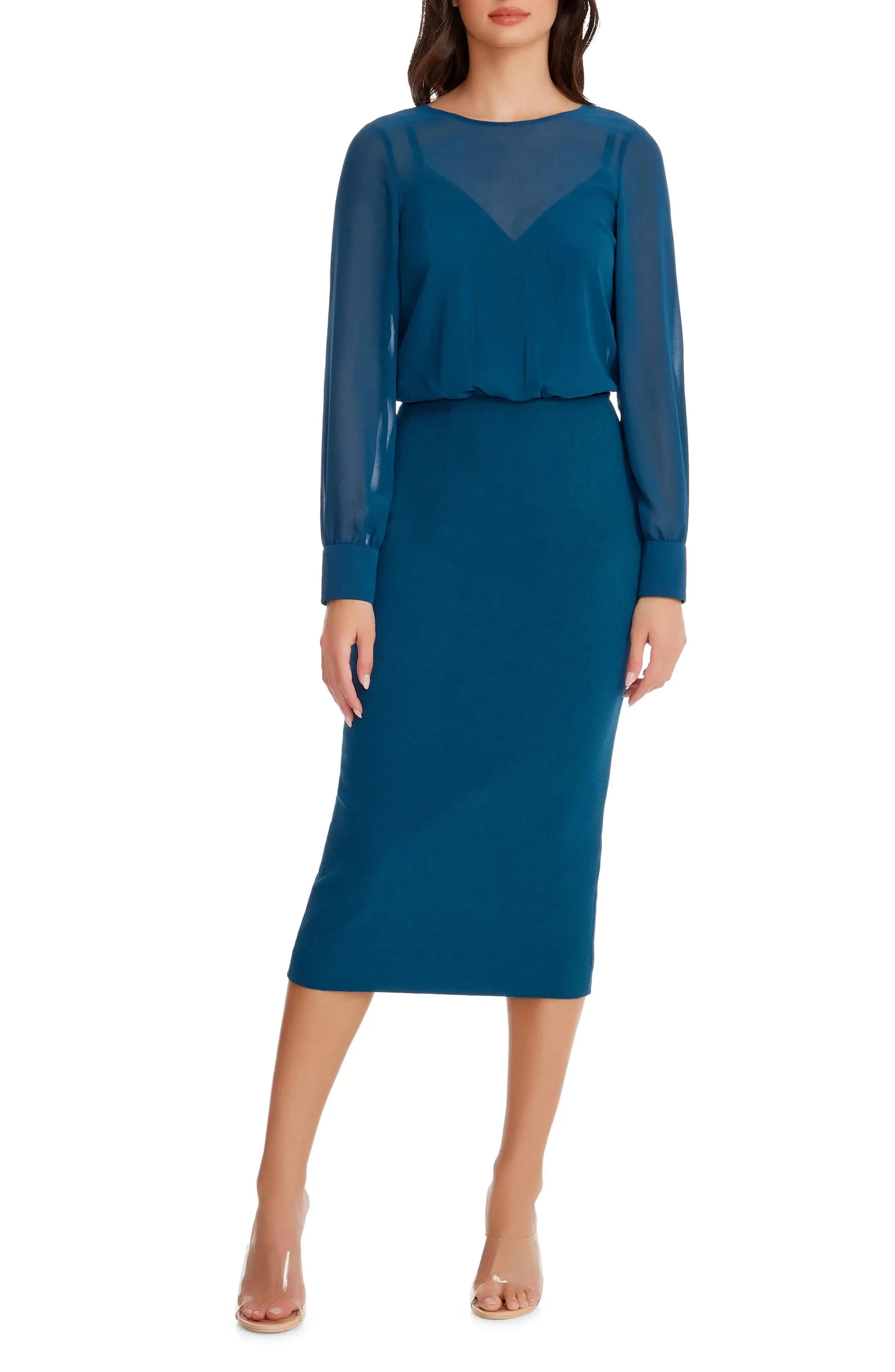 Chic Sheath Illusion Neck Long Sleeve Keyhole Back Midi Evening Dress by YiHuiw
