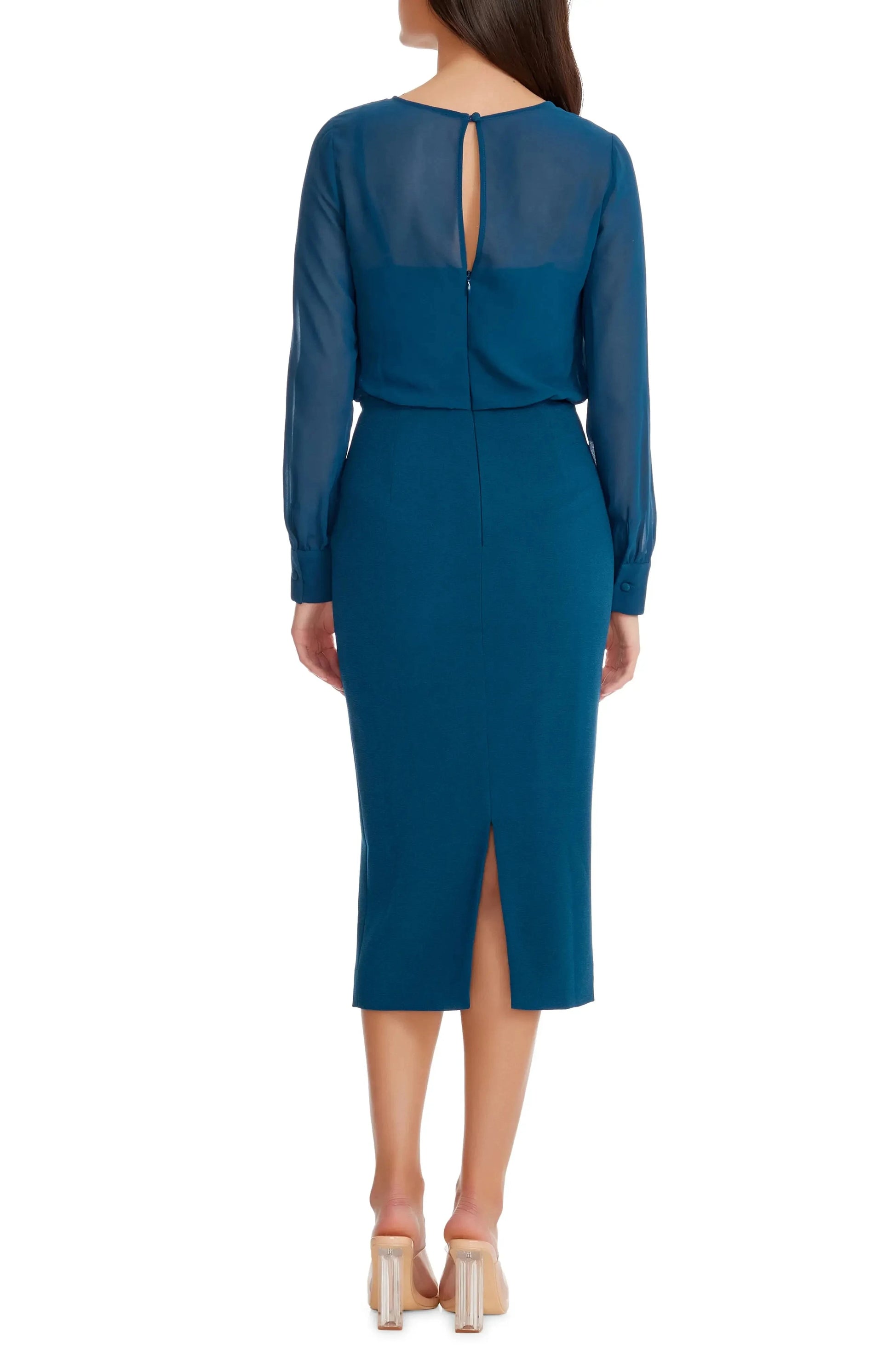 Chic Sheath Illusion Neck Long Sleeve Keyhole Back Midi Evening Dress by YiHuiw