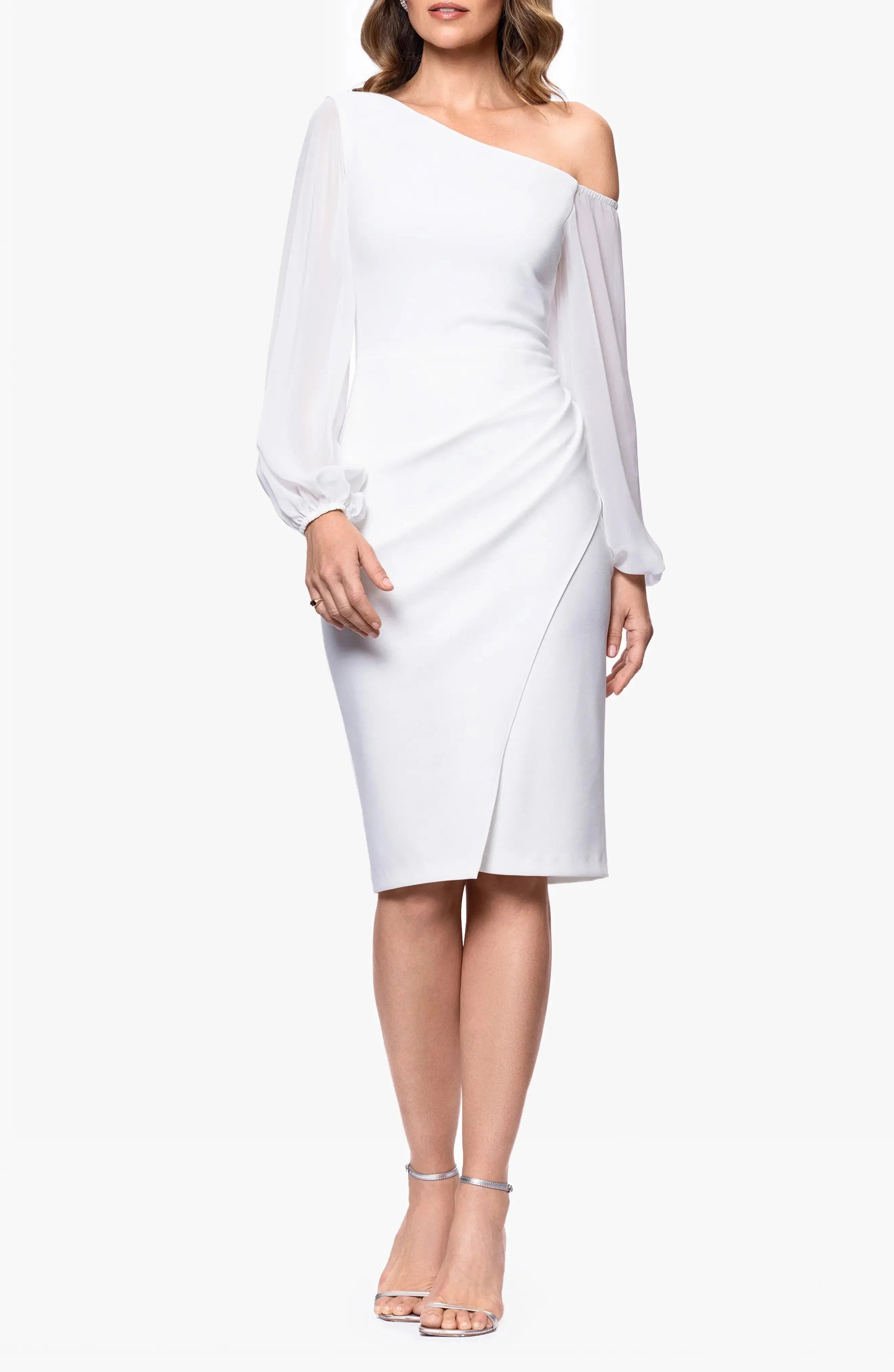 Chic Sheath One-Shoulder Sheer Sleeve Zipper Back Midi Evening Dress by YiHuiw