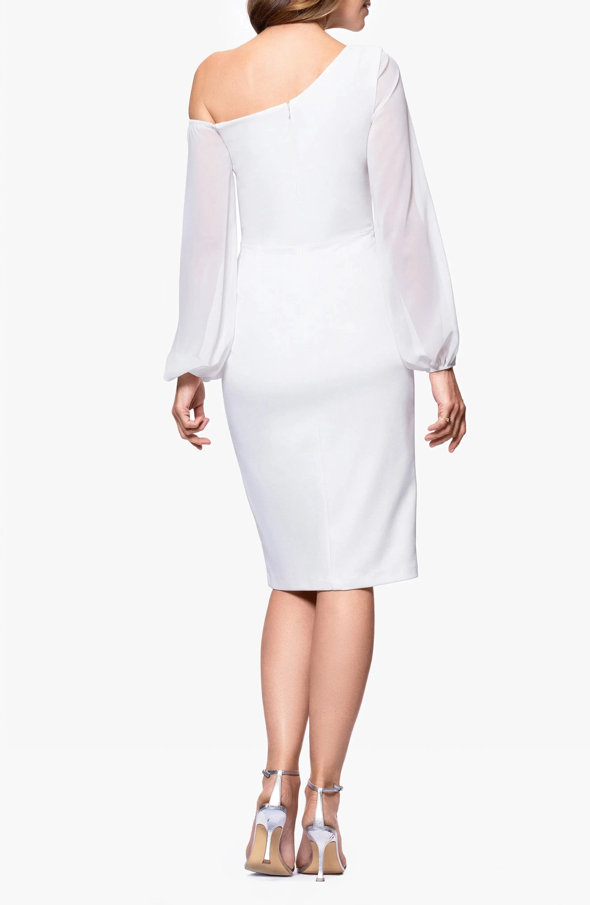 Chic Sheath One-Shoulder Sheer Sleeve Zipper Back Midi Evening Dress by YiHuiw