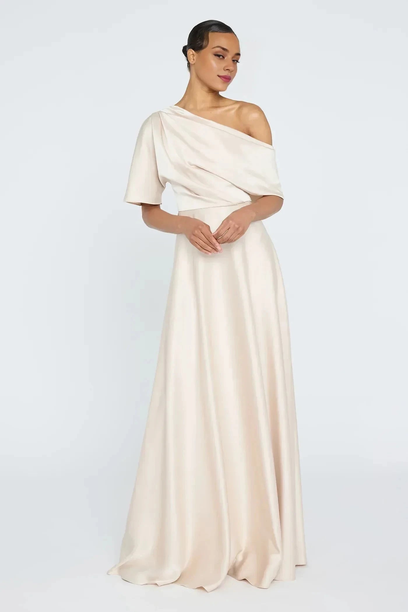 Chic Sheath One Shoulder Short Sleeve Draped Back Floor Length Prom Dress by YiHuiw