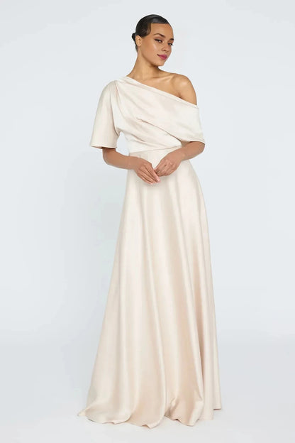 Chic Sheath One Shoulder Short Sleeve Draped Back Floor Length Prom Dress by YiHuiw