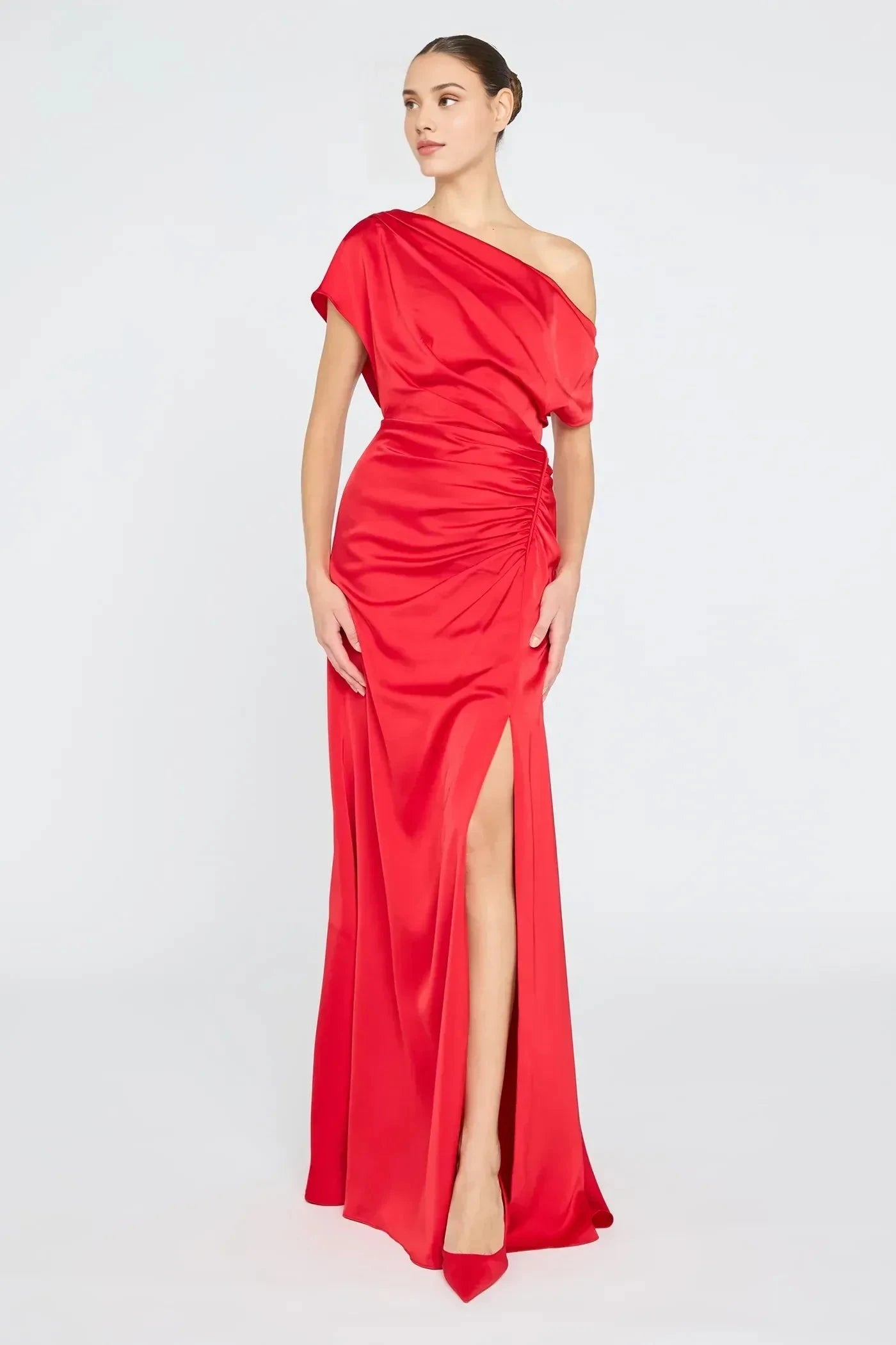 Chic Sheath One Shoulder Short Sleeve Ruched Back Floor Length Prom Dress by YiHuiw