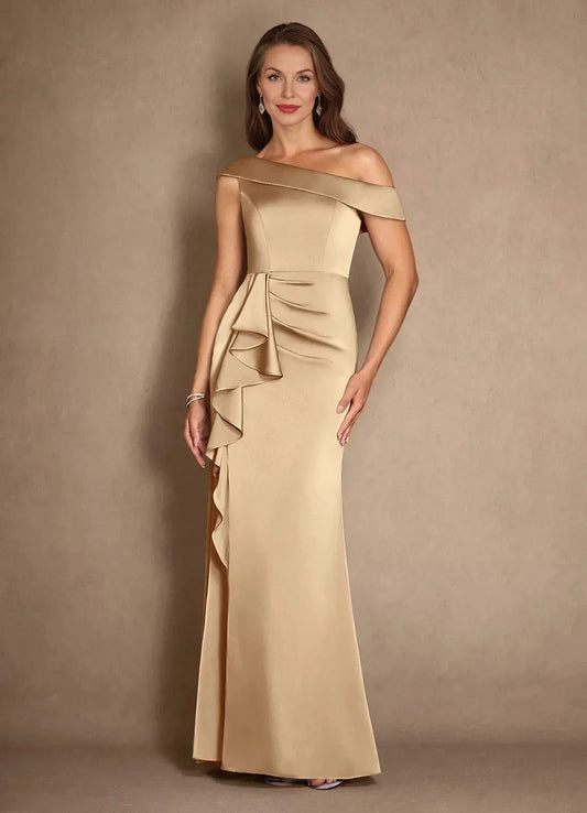 Chic Sheath One Shoulder Sleeveless Ruched Back Floor Length Mother of the Bride Dress by YiHuiw