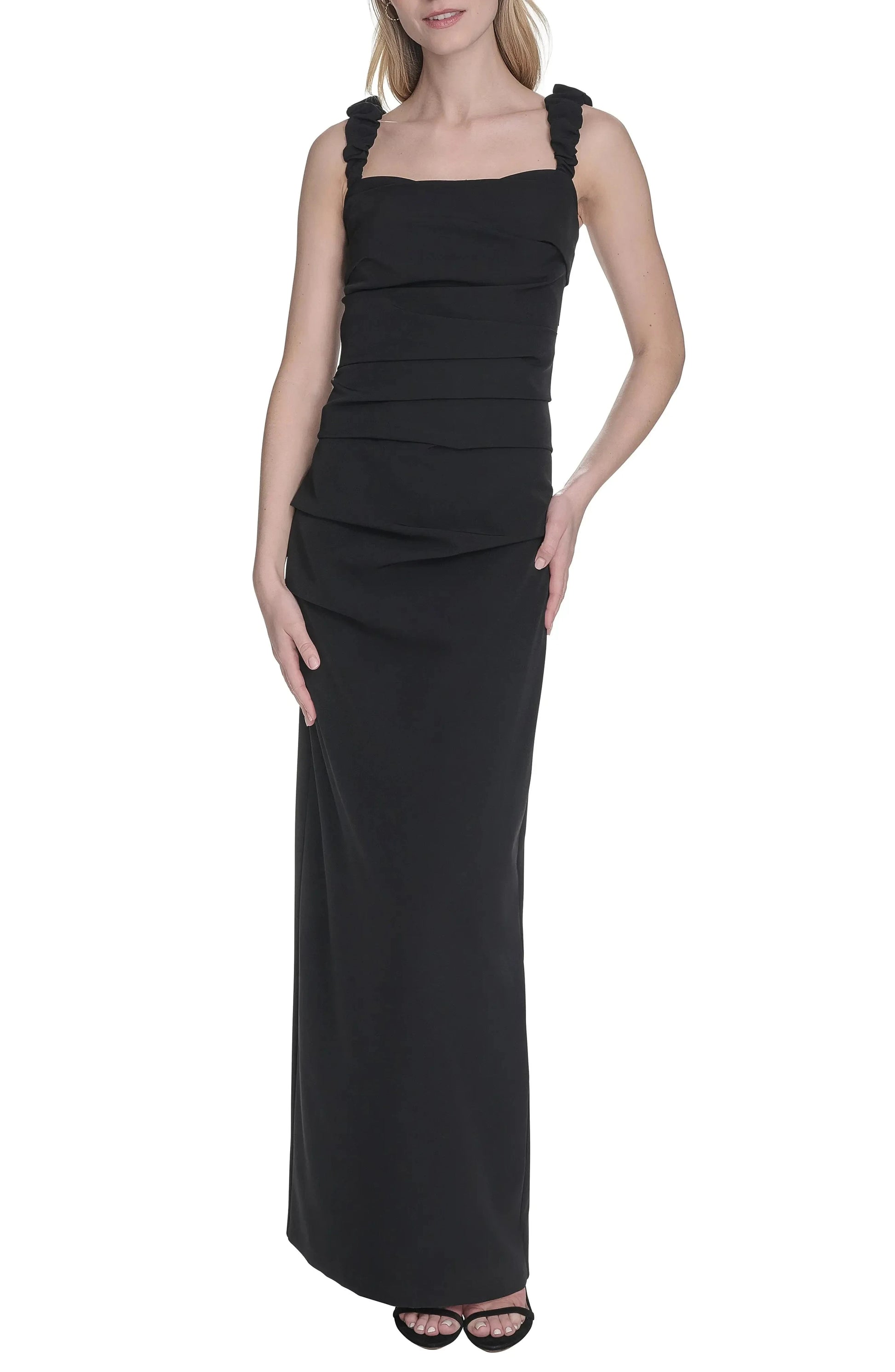 Chic Sheath Square Neck Ruffled Strap Zip Back Maxi For Women Evening Dress by YiHuiw