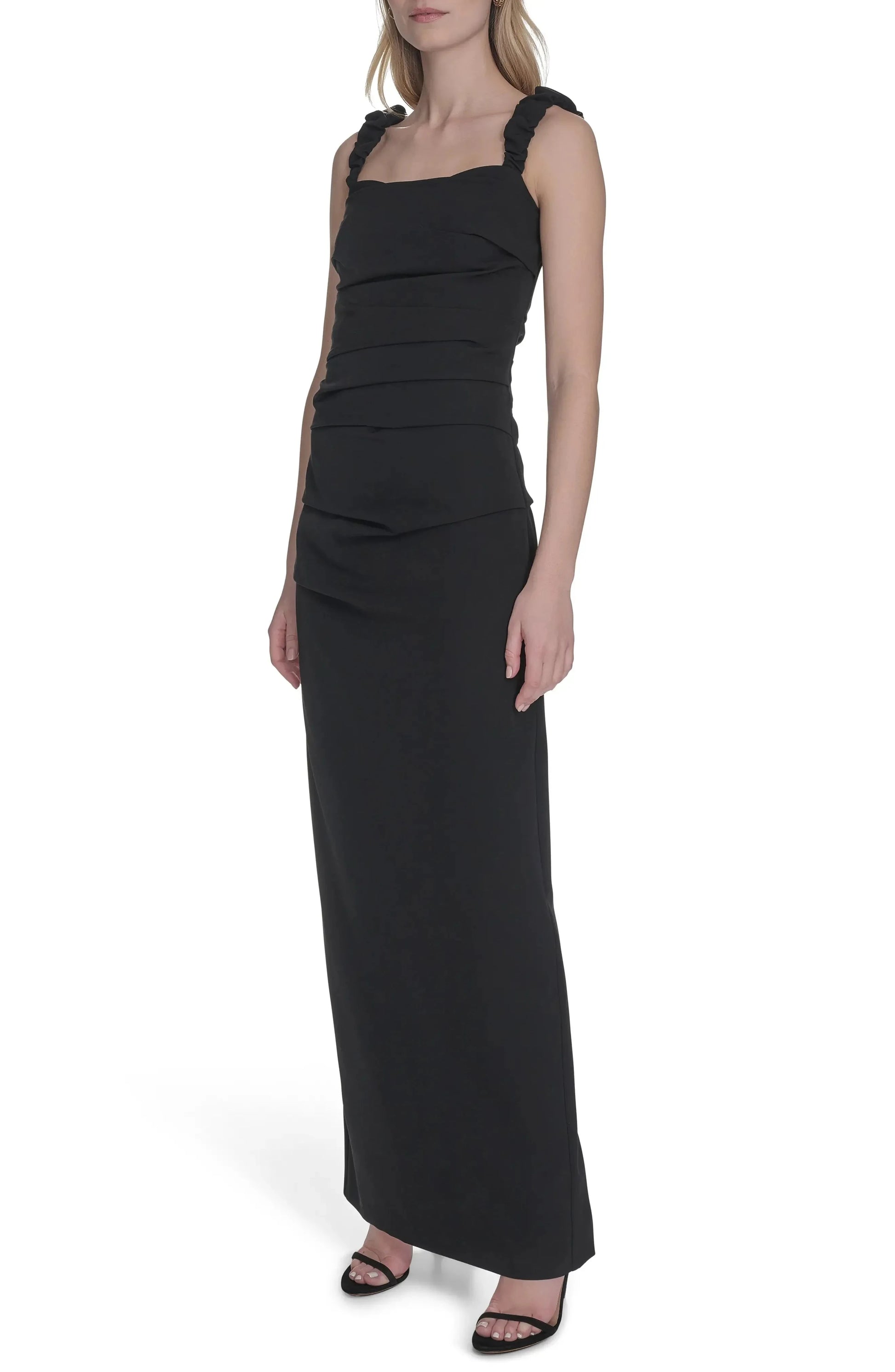 Chic Sheath Square Neck Ruffled Strap Zip Back Maxi For Women Evening Dress by YiHuiw
