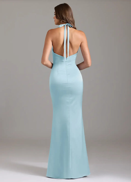 Mermaid Halter Satin Sleeveless Floor-Length Evening Dress - Yihuiw by Yihuiw
