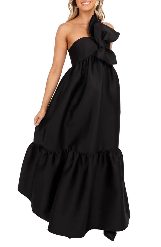 Chic Tiered One Shoulder Strapless Bow Accent Adjustable Back Floor Length For Sale Prom Dress by YiHuiw