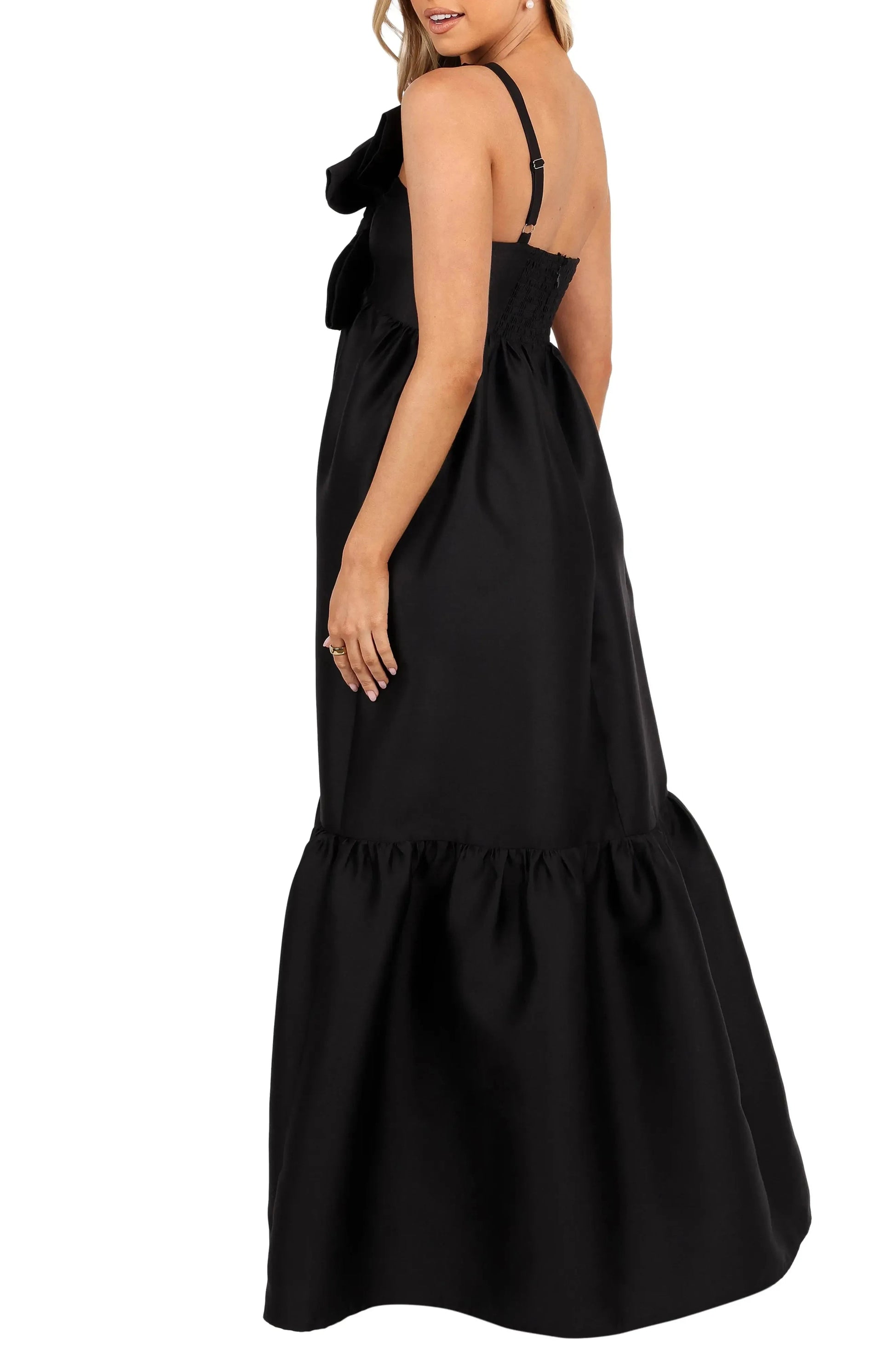Chic Tiered One Shoulder Strapless Bow Accent Adjustable Back Floor Length For Sale Prom Dress by YiHuiw