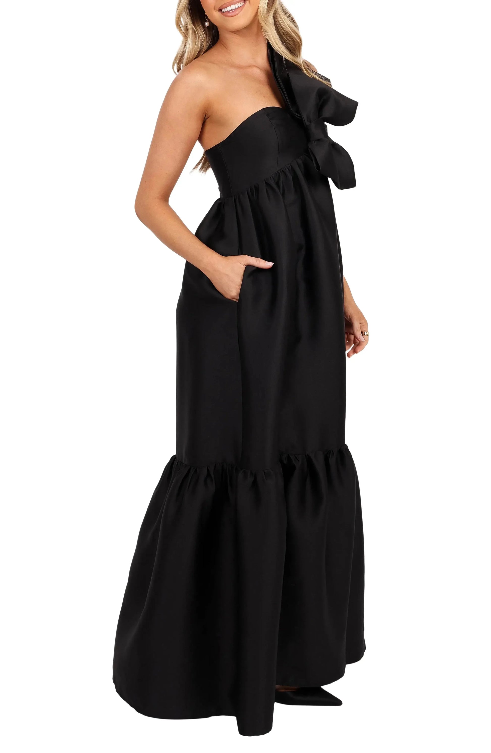 Chic Tiered One Shoulder Strapless Bow Accent Adjustable Back Floor Length For Sale Prom Dress by YiHuiw