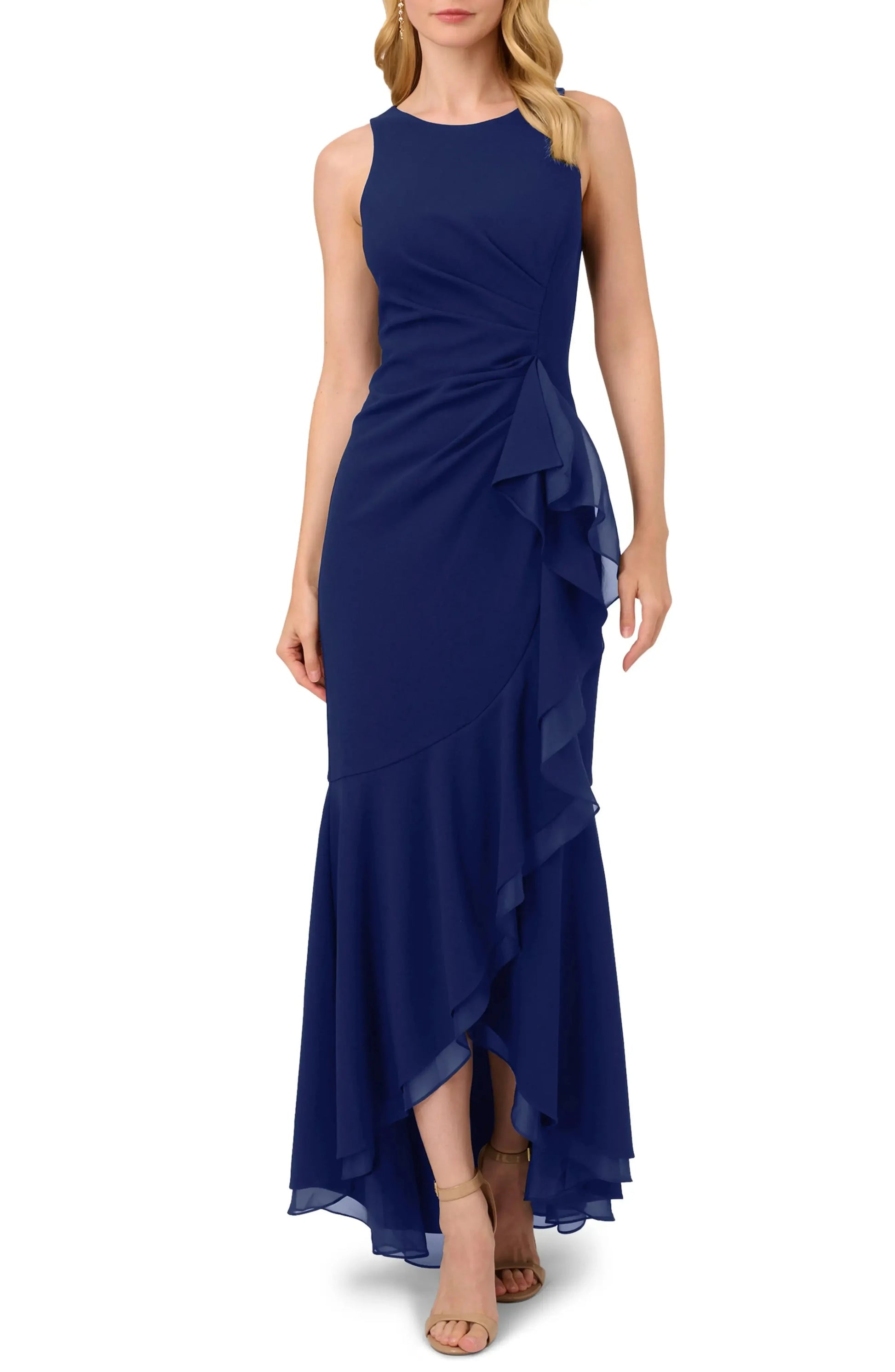 Chic Trumpet Crew Neck Sleeveless Keyhole Back Maxi For Adults Evening Dress by YiHuiw