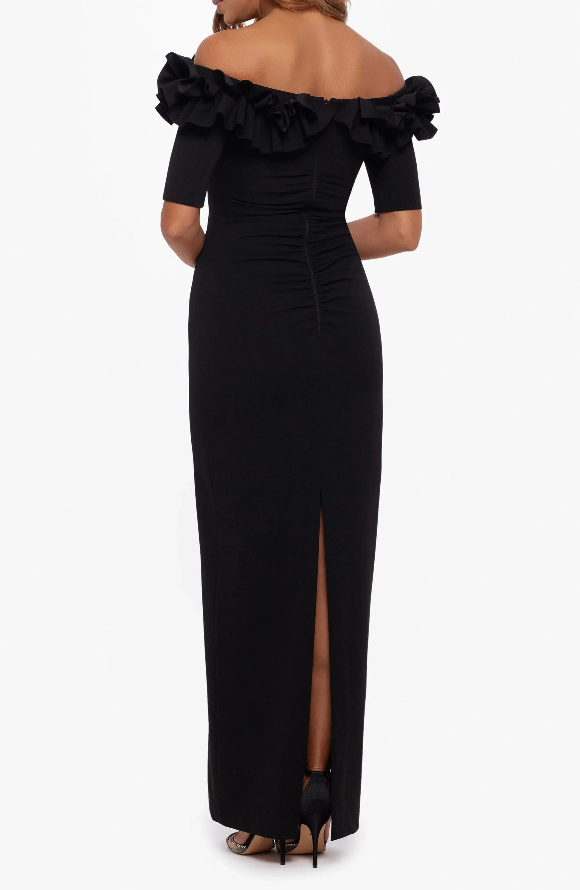 Chic Trumpet Off Shoulder Ruffled Sleeve Ruched Back Maxi For Women Evening Dress by YiHuiw