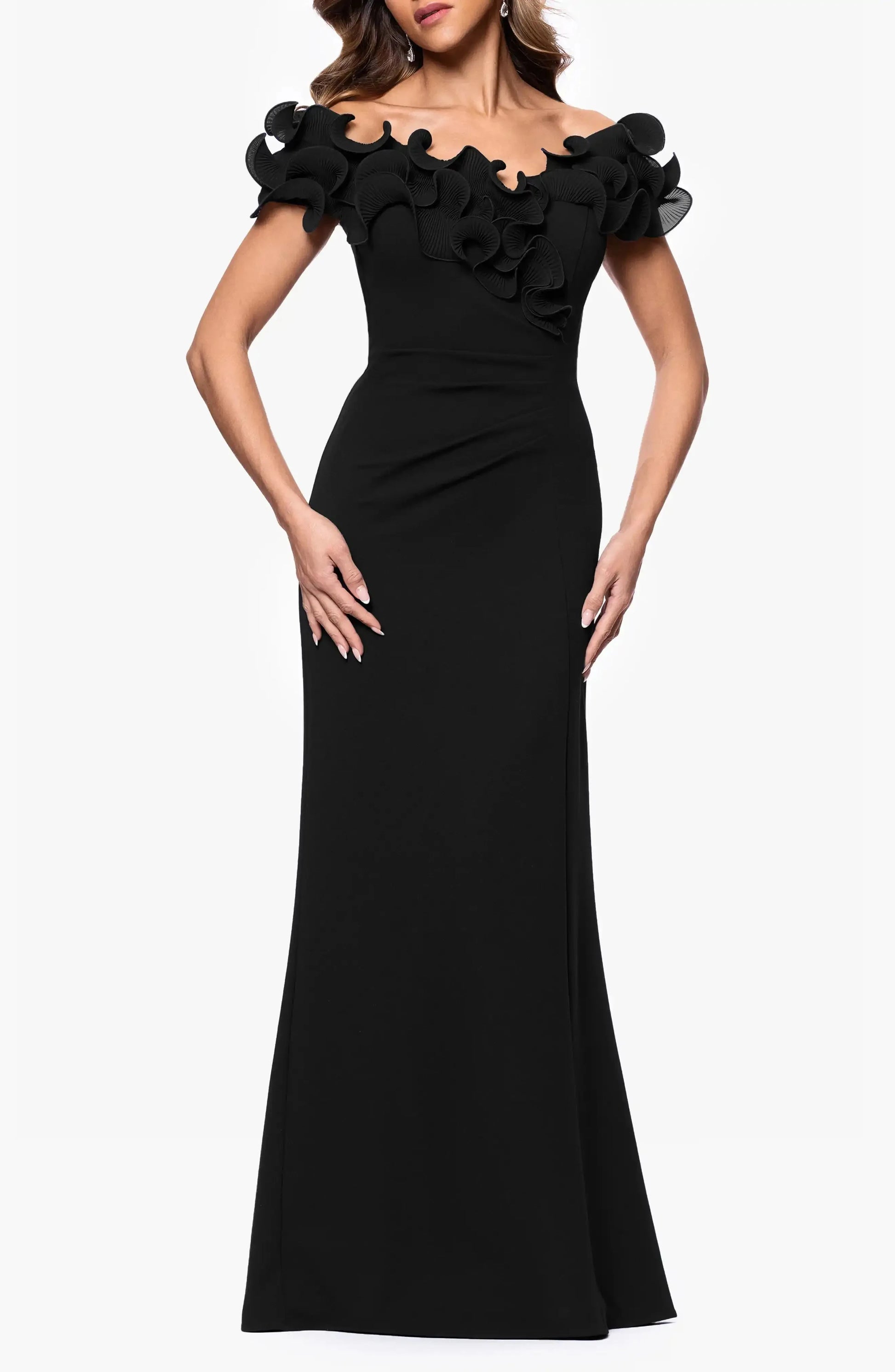 Chic Trumpet Off Shoulder Ruffled Sleeve Ruched Back Maxi For Women Evening Dress by YiHuiw