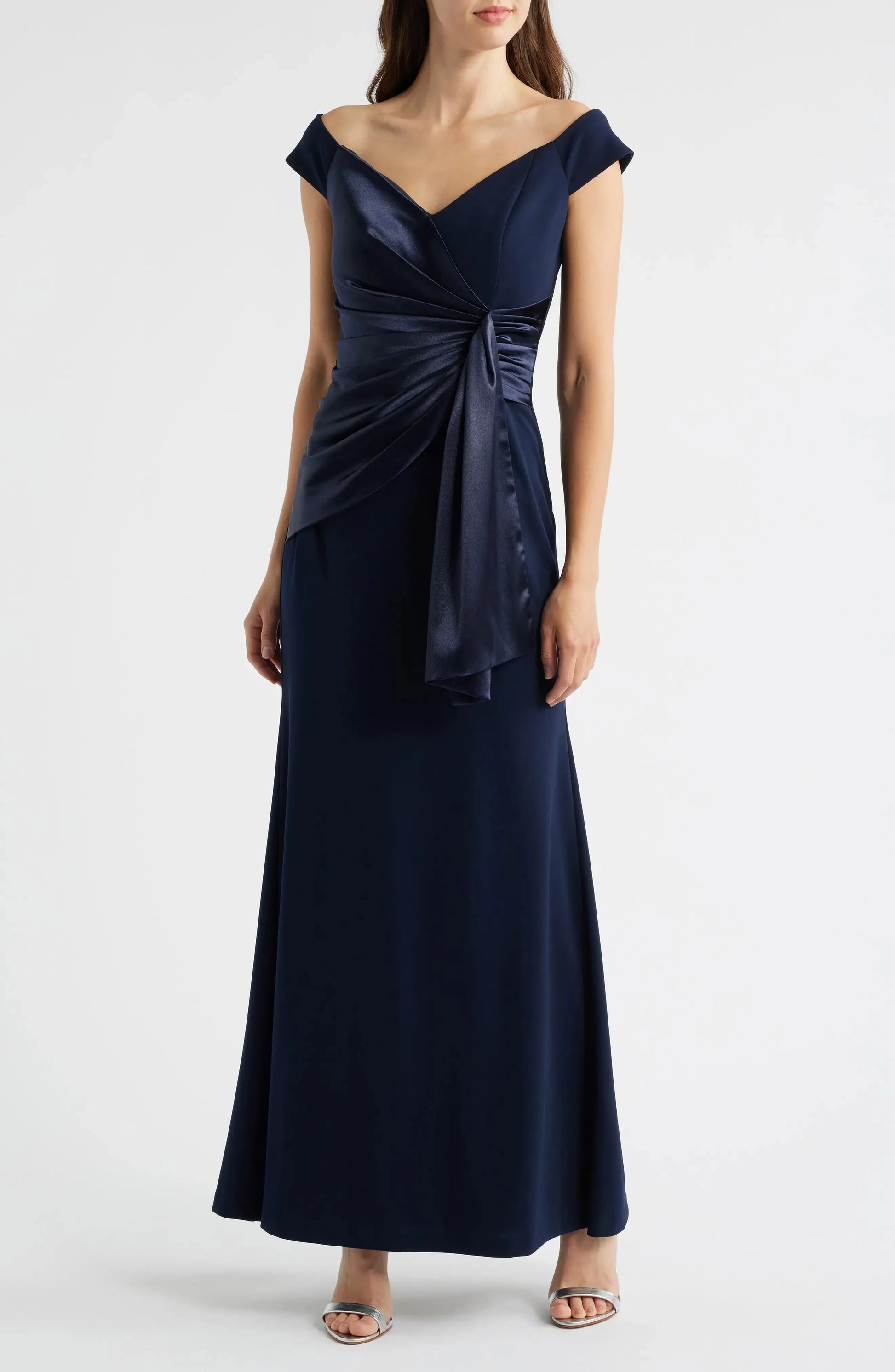 Chic Trumpet Off Shoulder Short Sleeve Knot Accent Zip Back Maxi For SaleEvening Dress by YiHuiw