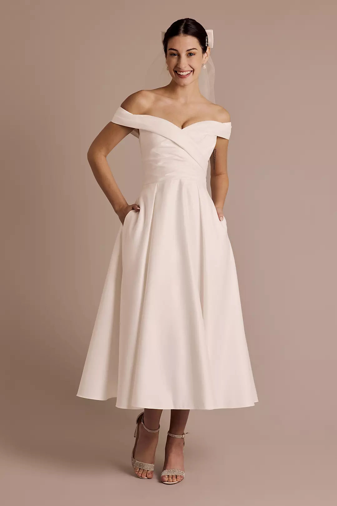 Chic A-Line Off-the-Shoulder Sweetheart Ruched Back Tea-Length Satin Wedding Dress