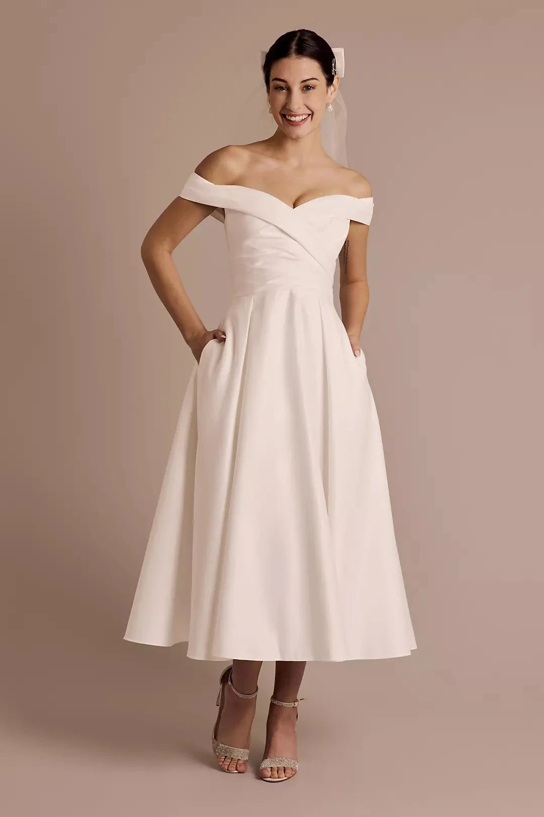 Chic A-Line Off-the-Shoulder Sweetheart Ruched Back Tea-Length Satin Wedding Dress by YiHuiw