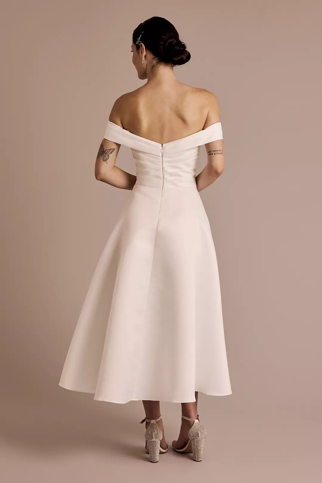 Chic A-Line Off-the-Shoulder Sweetheart Ruched Back Tea-Length Satin Wedding Dress