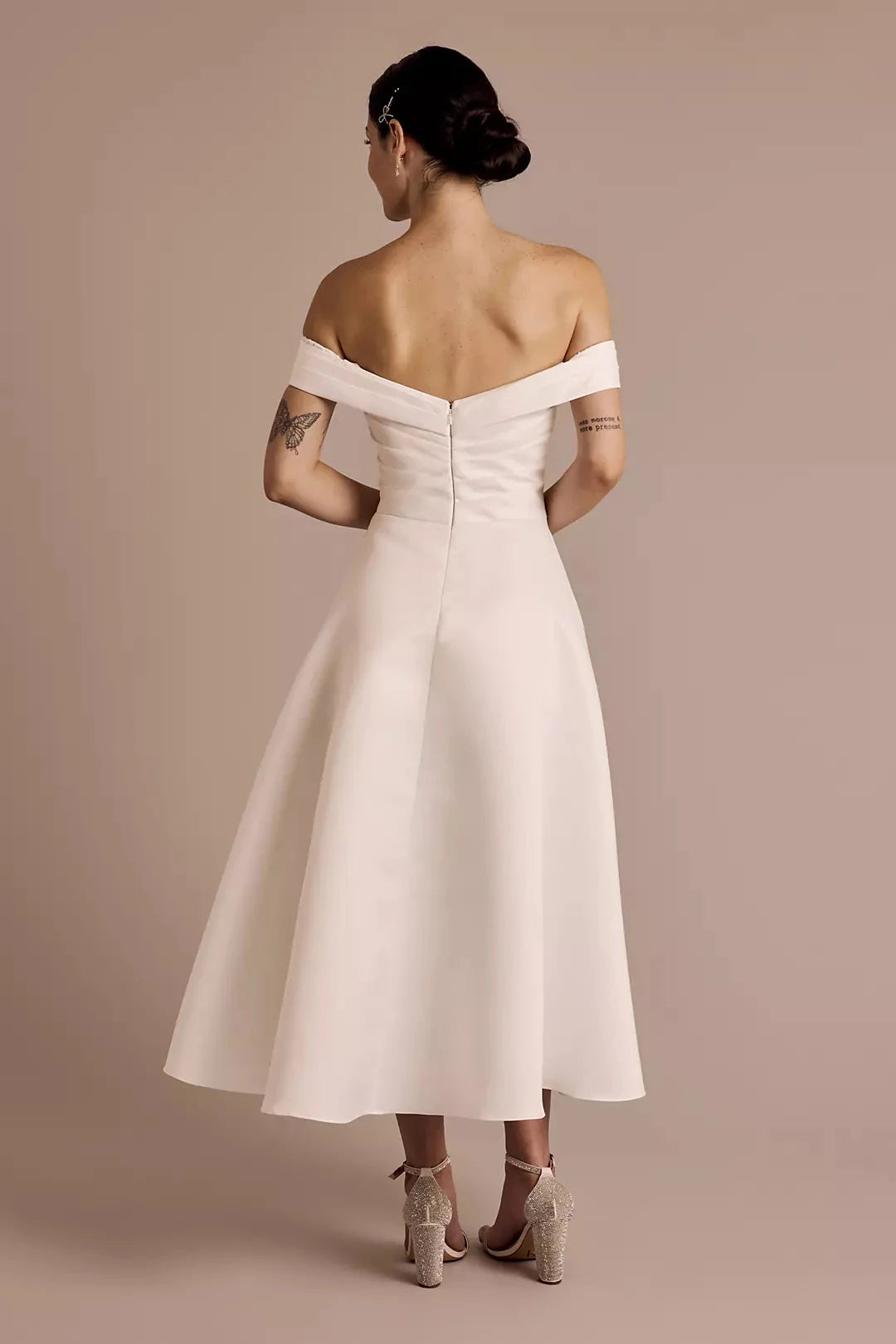 Chic A-Line Off-the-Shoulder Sweetheart Ruched Back Tea-Length Satin Wedding Dress by YiHuiw