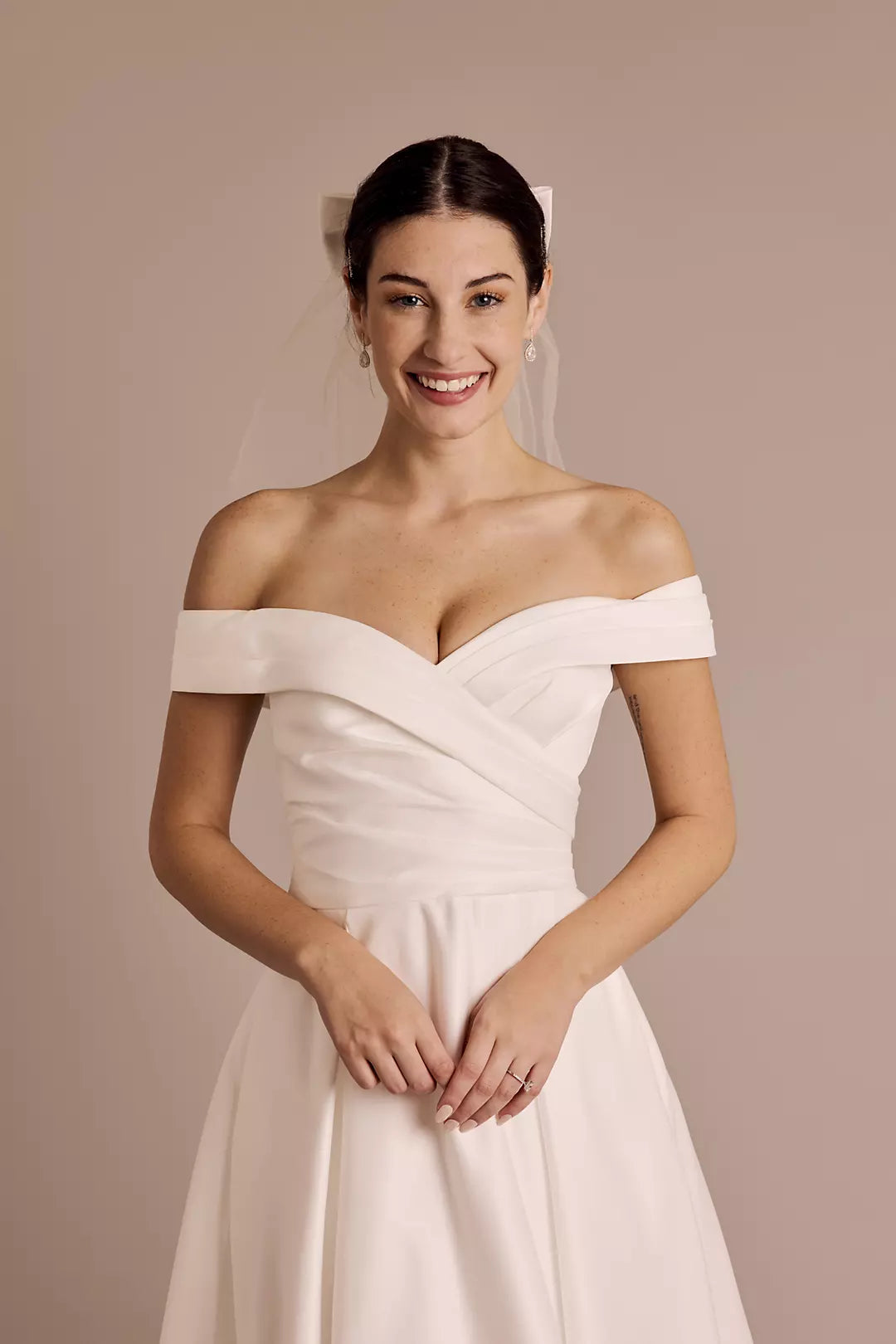Chic A-Line Off-the-Shoulder Sweetheart Ruched Back Tea-Length Satin Wedding Dress