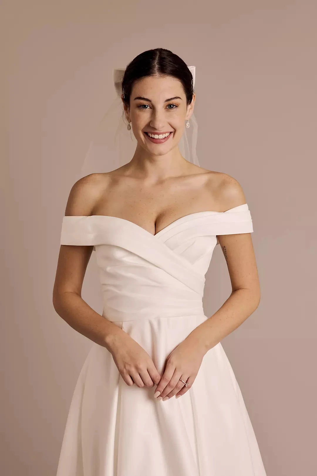 Chic A-Line Off-the-Shoulder Sweetheart Ruched Back Tea-Length Satin Wedding Dress by YiHuiw