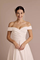 Chic A-Line Off-the-Shoulder Sweetheart Ruched Back Tea-Length Satin Wedding Dress