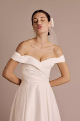 Chic A-Line Off-the-Shoulder Sweetheart Ruched Back Tea-Length Satin Wedding Dress