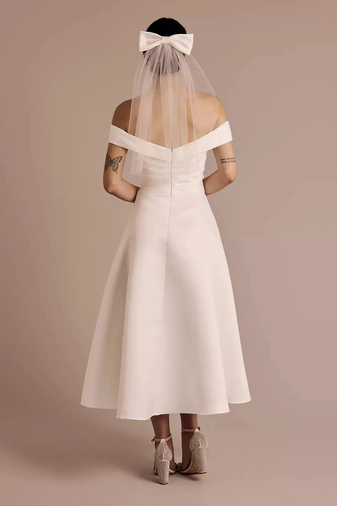 Chic A-Line Off-the-Shoulder Sweetheart Ruched Back Tea-Length Satin Wedding Dress by YiHuiw