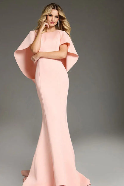 Chic Blush Pink Evening Dress with Crew Neck, Dramatic Cape Sleeves and Mermaid Silhouette with Train