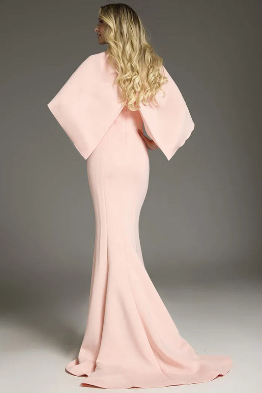 Chic Blush Pink Evening Dress with Crew Neck, Dramatic Cape Sleeves and Mermaid Silhouette with Train