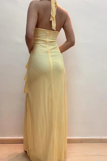 Yellow Halter High-Low Prom Dress with Ruffle Skirt and Beaded Waist