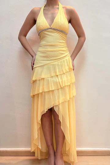 Yellow Halter High-Low Prom Dress with Ruffle Skirt and Beaded Waist