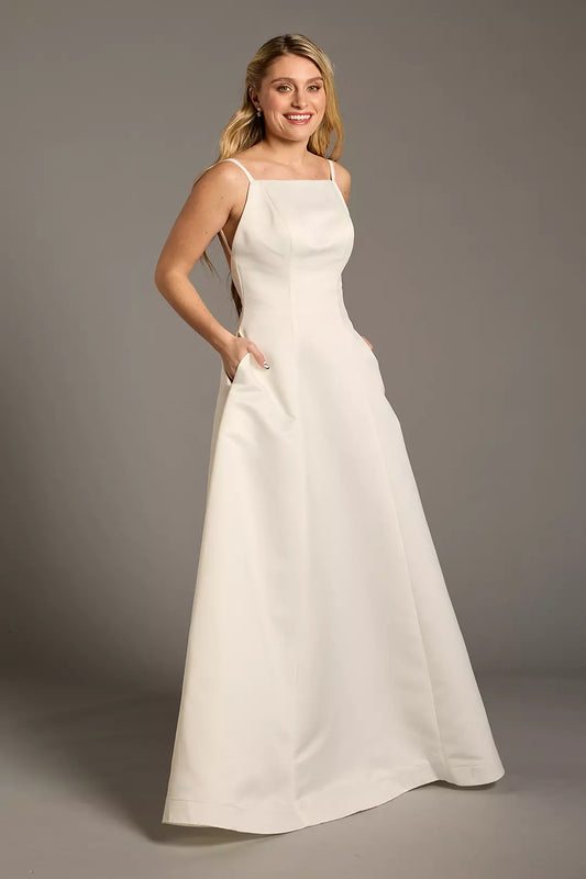Chic Modern A-Line Spaghetti-Strap Square-Neck Satin Low-Back Pocketed Wedding Dress
